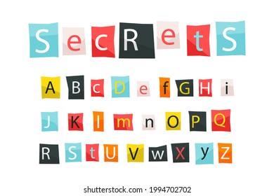 Newspaper alphabet. Ransom note. Color retro paper style letters. Different cutout letters. Text Handmade font. Anonymous psycho typography character for message. Vector illustration.