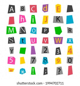 Newspaper alphabet. Ransom note. Color retro paper style letters. Different cutout letters. Text Handmade font. Anonymous psycho typography character for message. Vector illustration.