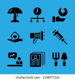 newspaper, analytics, megaphone, time, ecology, tools, syringe, lamp and shelter vector icon. Simple icons set