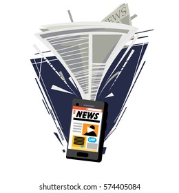 Newspaper  attracting into smartphone. digital news in smartphone or tablet. ebook concept - vector illustration