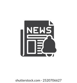 Jornal com um ícone de vetor de sino. sinal plano preenchido para conceito móvel e web design. Ícone de glifo de Alerta de Notícias. Símbolo das últimas notícias, ilustração do logotipo. Gráficos vetoriais