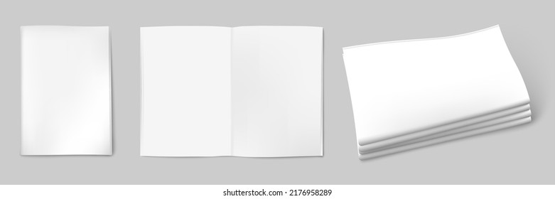 Newspaper blank white paper sheets template, 3d realistic vector illustration isolated on transparent background. Empty newspaper or magazine page mockup.