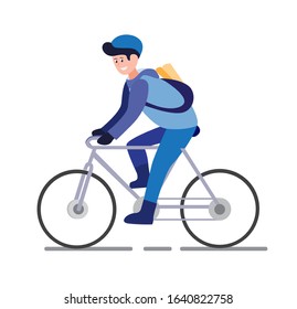 Newspaper Boy Or Courier Bike, Man Ride Bicycle With Package To Costumer Cartoon Flat Illustration Vector Isolated In White Background