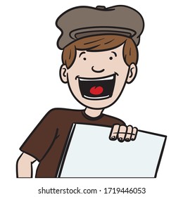 A Newspaper Boy With A Hat Holds A Newspaper In His Hand And Calls. News, Comic, Illustration.