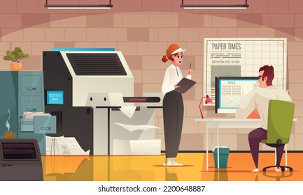 Newspaper cartoon composition with journalists and printing machine vector illustration