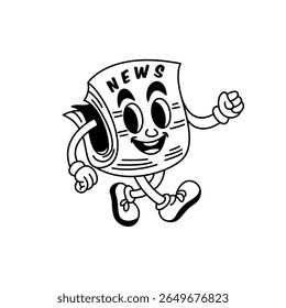 Newspaper cartoon isolated black and white vector. Cute line art newspaper mascot.