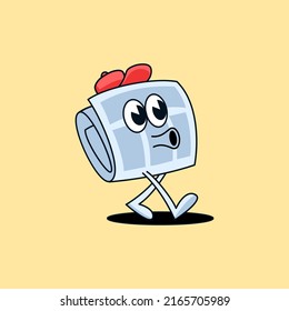 Newspaper character mascot walking and whistle old school retro style cartoon outline vector illustration