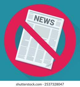 Newspaper with a circular red strikethrough prohibition symbol on a blue background in flat design style