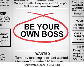 Newspaper clipping with be your own boss circled in red pen
