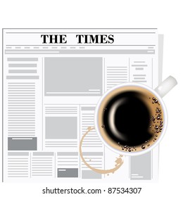 The newspaper and coffee. The coffee cup on a white background
