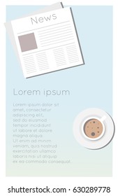 Newspaper and coffee. Morning business elements.Vector illustration in flat design on blue backgound for business concept. Modern morning.