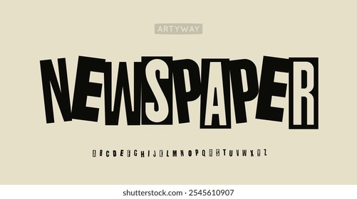 Newspaper collage alphabet, cutout newsletter font for unknow author text, ransom note, secretive headline, art dadaism logo. Creative blocky typography. Vector typeset.