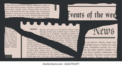 Newspaper collage set, elements for scrapbook. Trendy retro vintage paper cut, notebook sheet. Old rip torn collection. Craft retro gazettes, grunge  sticker collection. Isolated Vector illustration.