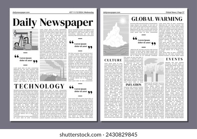 Newspaper Cover Page Empty Template Mockup Design with Text And Picture Placeholder for Web and App. Vector illustration
