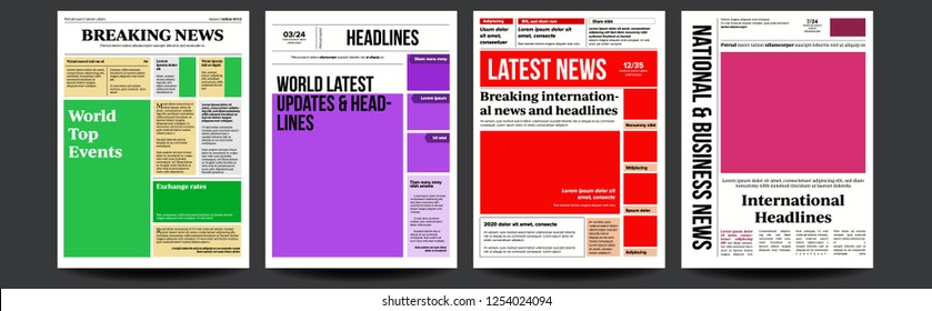 Newspaper Cover Set Vector. With Text Article Column Design. Technology And Business Article. Press Layout. Blank Daily Newspaper. Headline News. Reportage Information. Illustration
