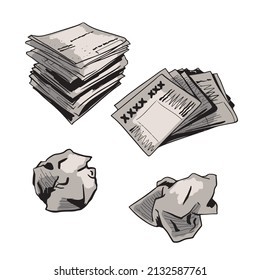 Newspaper and crumpled paper. Vector. Isolated on white background. Cartoon style.