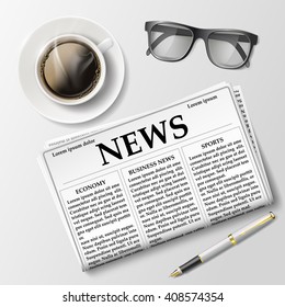 Newspaper with a cup of coffee and glasses on the table. Morning News and breakfast. Stock vector illustration.