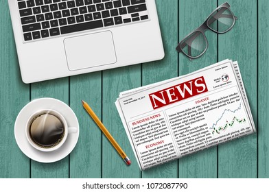 Newspaper With A Cup Of Coffee, Laptop And Glasses On The Wooden Table. Stock Vector Illustration.