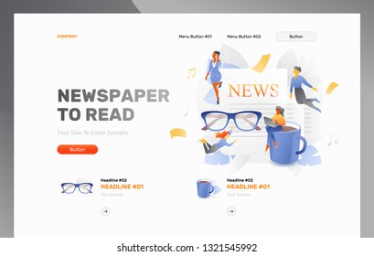 Newspaper with cup of coffee. Website header template with little people characters over a big folded newspaper, eyeglasses and cup of coffee over white background.