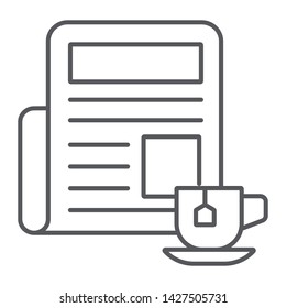 Newspaper with cup thin line icon, morning and news, daily newspaper sign, vector graphics, a linear pattern on a white background, eps 10.