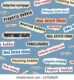 Newspaper cuttings and headlines. Housing market crisis - property bubble collapse news.
