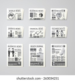 Newspaper daily flat vector set design template.business,health, education, technology and sport design.