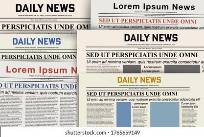 Newspaper daily news set, realistic vector illustration. Paper template background, headline page, font, columns, space for images. Article vintage retro poster, graphic design elements for typography