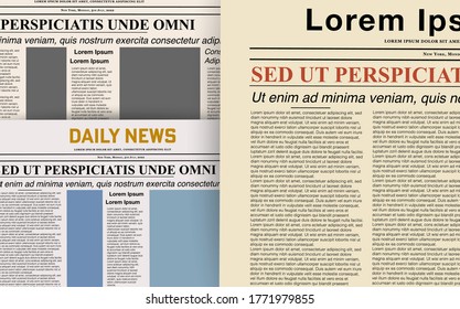 Newspaper daily news set, realistic vector illustration. Article vintage retro poster, graphic design elements for typography. Paper template background, headline page, font, columns, space for images