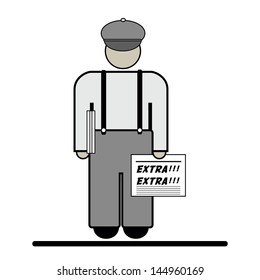 Newspaper Delivery Man Silhouette Gray Uniform Holding A Newspaper In His Hand, On White Background.