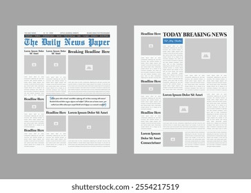 Newspaper design and The Daily Newspaper magazine with text and picture placeholder layout template