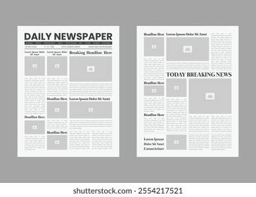 Newspaper design and The Daily Newspaper magazine with text and picture placeholder layout template