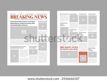 Newspaper design template. The daily newspaper or breaking news with text and picture placeholder editable template.