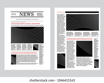 Newspaper design template with red headline, images and charts, articles and financial information, advertising vector illustration