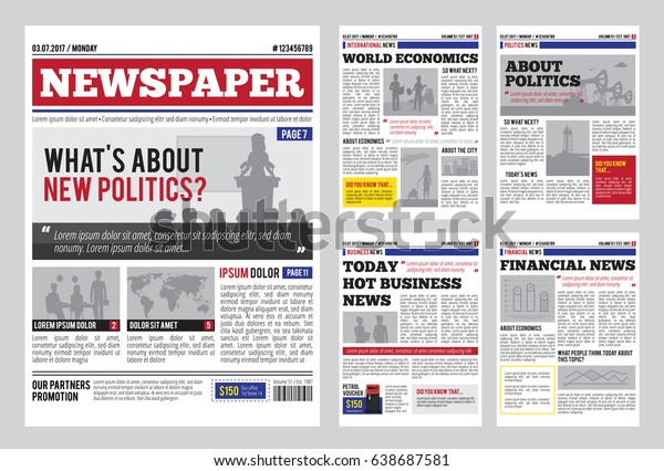 Newspaper design template with red headline,\
images and charts, articles and financial information, advertising\
vector illustration