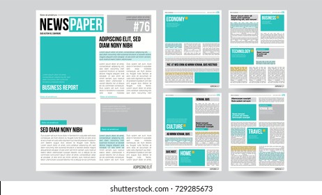 Newspaper Design Template Vector. Images, Articles, Business Information. Opening Editable Headlines Text Articles. Realistic Isolated Illustration