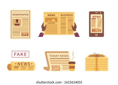 Newspaper different vector icons in cartoon style. Set of newspapers with type and picture mock up isolated on white background. Fake news press.