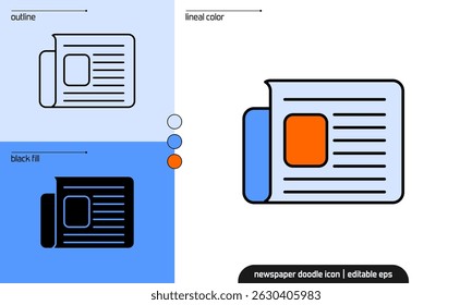 Newspaper doodle icon set in lineal color, outline, and black fill styles. Editable vector template for news, journalism, article layout, and publishing content.