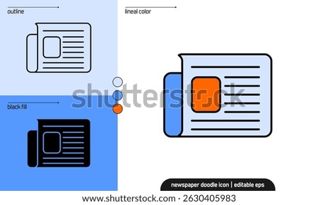 Newspaper doodle icon set in lineal color, outline, and black fill styles. Editable vector template for news, journalism, article layout, and publishing content.