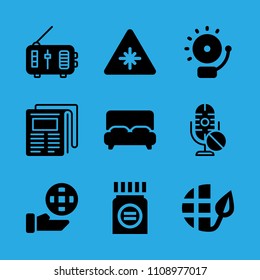 newspaper, ecology, bed, laser, ecology, alarm, medicine, radio and microphone vector icon. Simple icons set