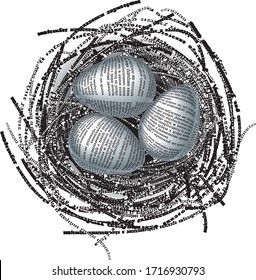 Newspaper eggs in a nest of words and lines. Text in imitation of lines and newspaper columns is not readable.