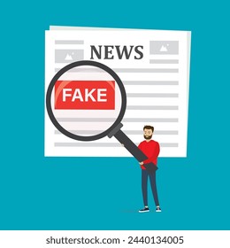 Newspaper with fake articles. Reader holds magnifying glass. Consumer found fake news in newspaper. Social media with propaganda or hoax. Male character found lie in the press. Vector illustration