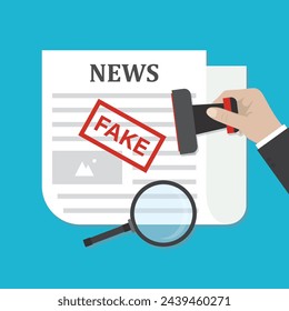 Newspaper with fake news. Customer hand holds seal and puts red stamp - fake. Social media with propaganda or hoax. Reader found lie in the press. Cartoon design template. Flat vector illustration