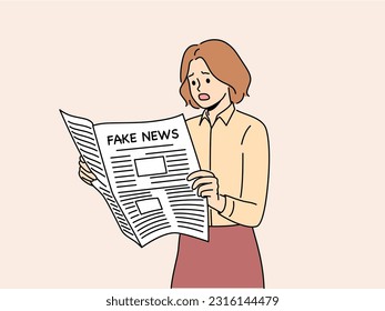 Newspaper with fake news in hands of woman reading false information from reporters using propaganda techniques to intimidate readers. Girl with newspaper with fake news frightened opens mouth