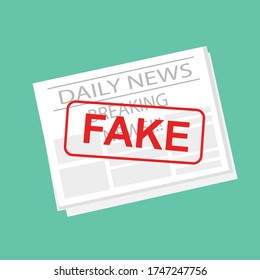 Newspaper with fake news stamp, green background, vector illustration