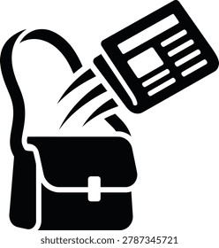Newspaper falling into leather briefcase messenger bag vector icon