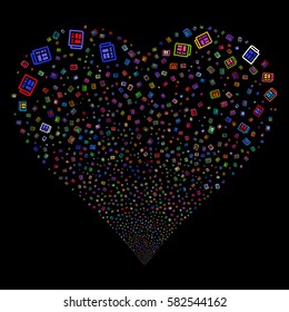 Newspaper fireworks with heart shape. Vector illustration style is flat bright multicolored iconic symbols on a black background. Object stream organized from scattered symbols.