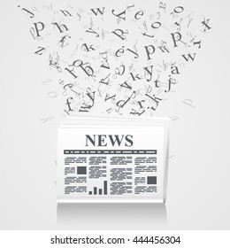 Newspaper with flying letters. Vector illustration
