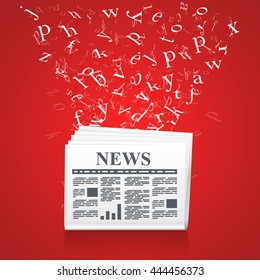 Newspaper with flying letters. Vector illustration