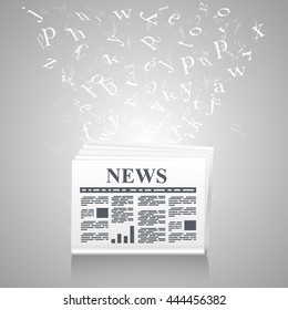 Newspaper with flying letters. Vector illustration
