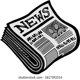 Newspaper folded up with front page showing headlines, articles, and pictures, in cartoon illustration style